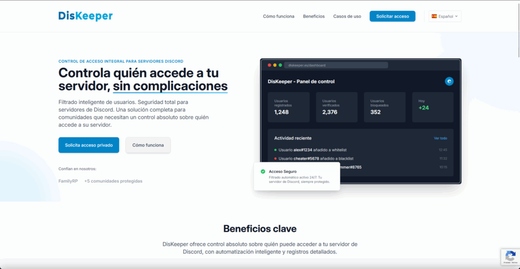 Página web de DisKeeper - Software de Control de acceso Discord